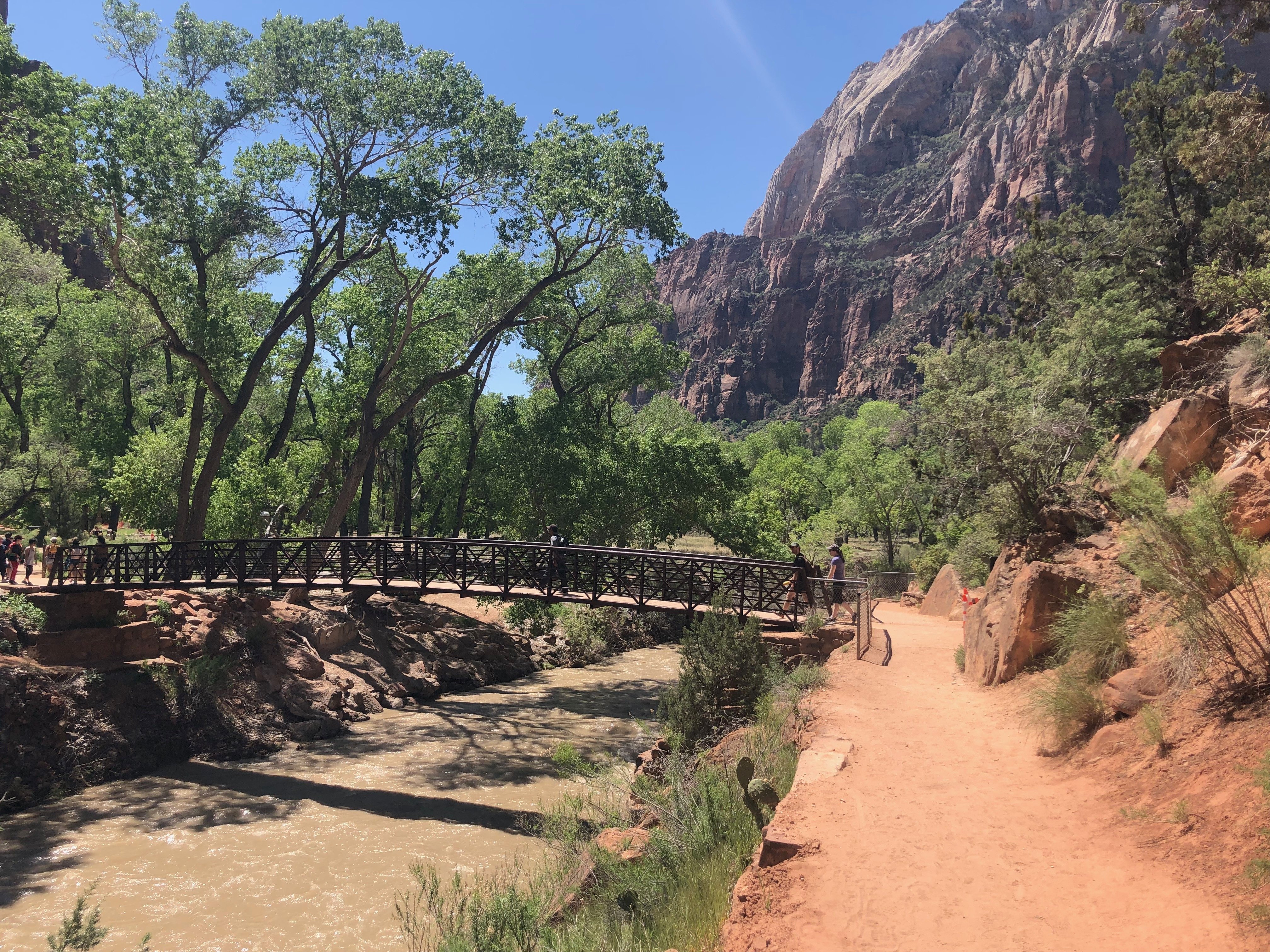 A simple bridge crossing a river at Zion National Park.
